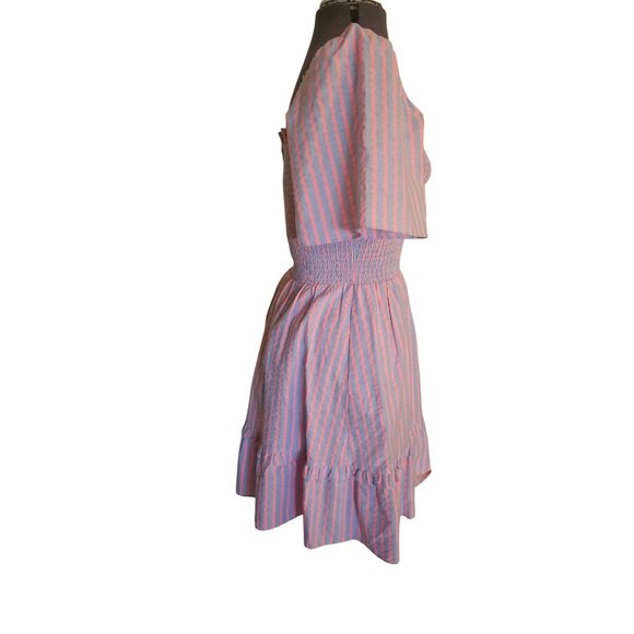 Draper James Pinstripe Fit & Flare Dress Puff Sleeve Ruffle Hem Blue & Pink Knee - Picture 3 of 12